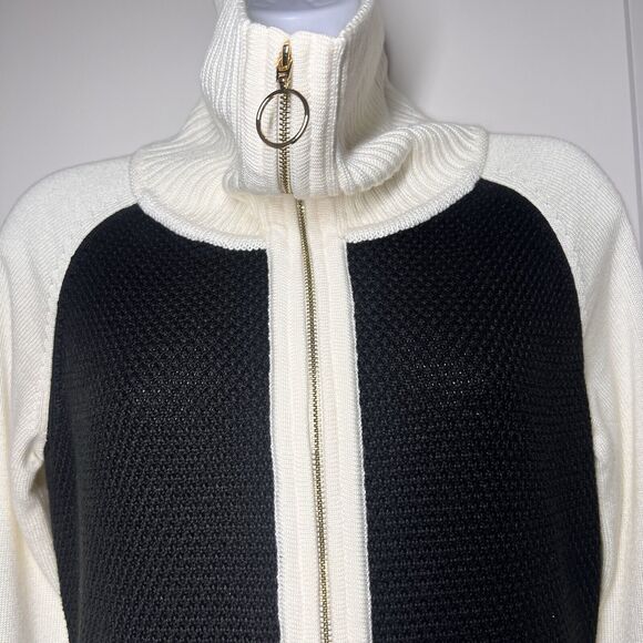 CALVIN KLEIN Sweater Dress SMALL Cream Black Front Zip Waffle Knit Long Sleeve - Picture 5 of 10